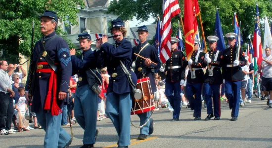 Fife and drum: Civil War fife and drum unit marching ahead of a Marine color guard